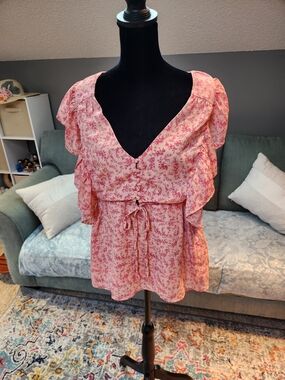 SugarLips Womens Floral Pink Ruffle Tie-Front Women's Top Size Large